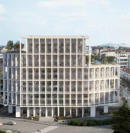 Render architettonico del progetto Ivory Milano: edificio sostenibile con terrazze panoramiche e pavimenti sopraelevati Nesite