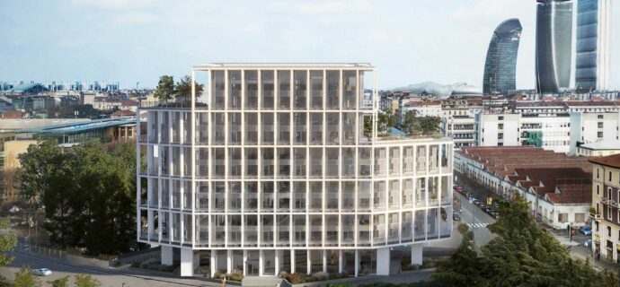 Render architettonico del progetto Ivory Milano: edificio sostenibile con terrazze panoramiche e pavimenti sopraelevati Nesite