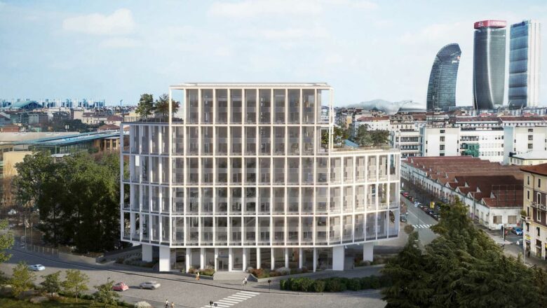 Render architettonico del progetto Ivory Milano: edificio sostenibile con terrazze panoramiche e pavimenti sopraelevati Nesite