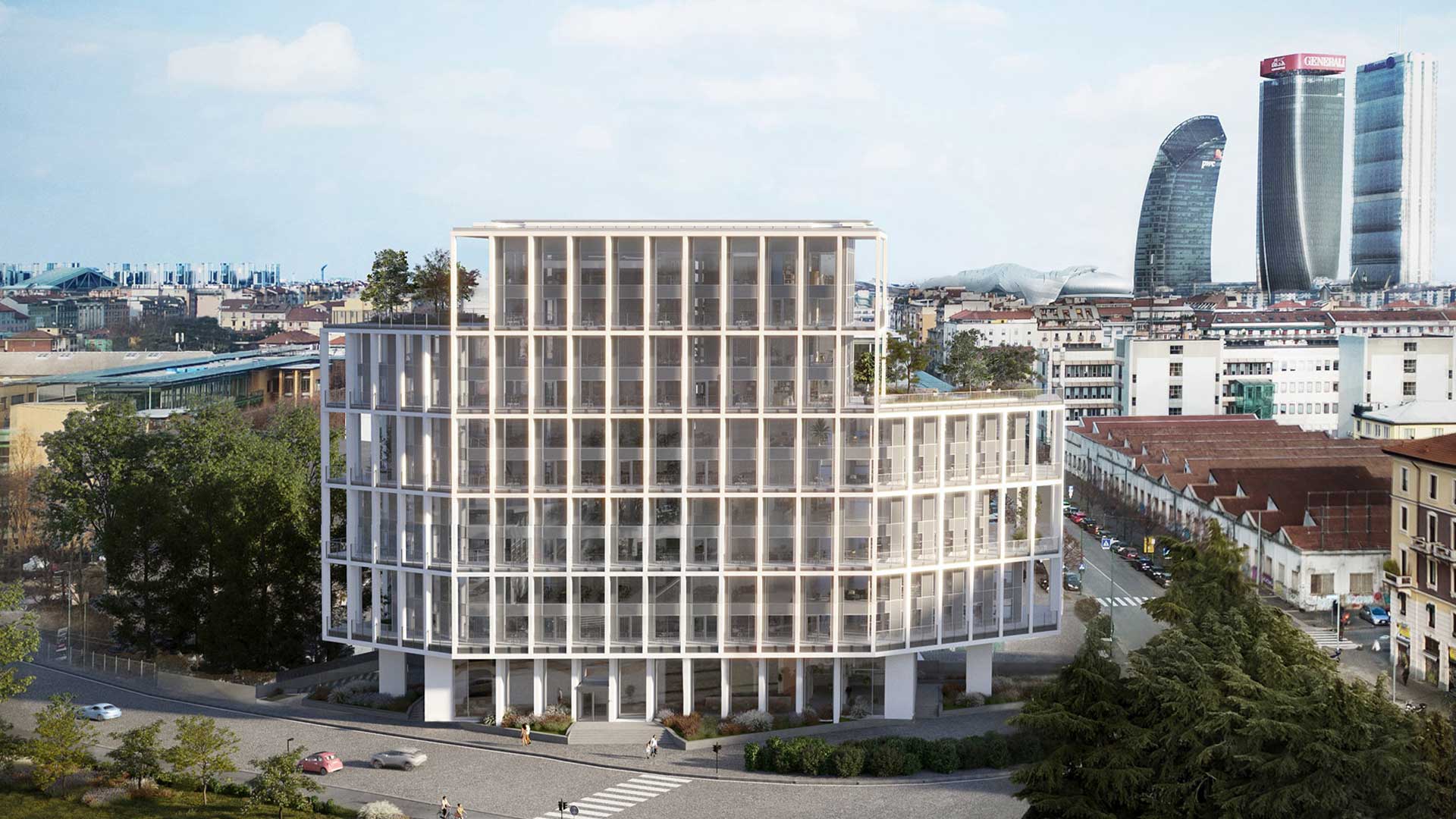 Render architettonico del progetto Ivory Milano: edificio sostenibile con terrazze panoramiche e pavimenti sopraelevati Nesite
